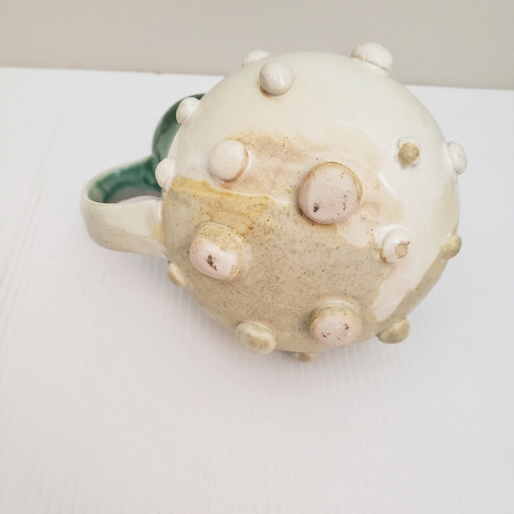 Hand Crafted Artisan Whimsical Pottery Teapot Teal Cream - Picture 10 of 12